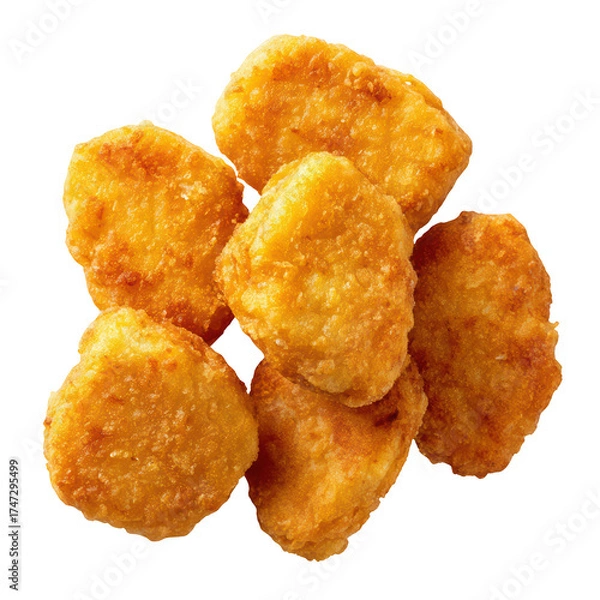 Fototapeta A delicious pile of crispy golden fried chicken nuggets shown from an overhead perspective against a black background, isolated on transparent background, perfect cutout, PNG