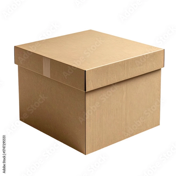 Fototapeta A simple, closed, cardboard square box with lid and tape on a black background