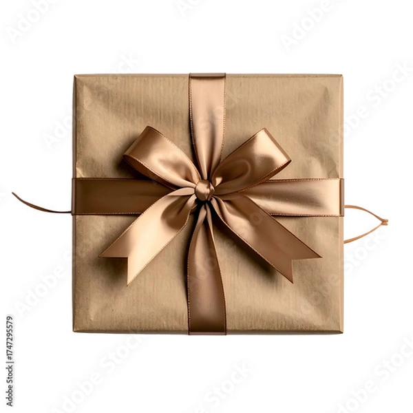Fototapeta Close-up of a neatly wrapped square gift box, gold paper and satin ribbon bow