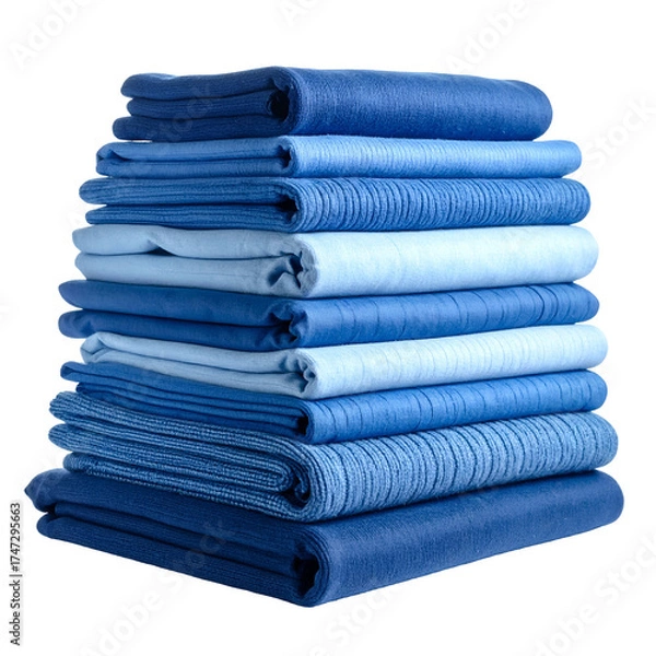 Obraz A neatly stacked pile of folded textiles in various shades of blue