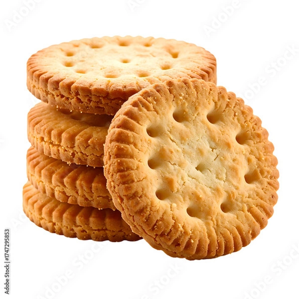 Obraz A stack of golden, round crackers with ridged edges and small holes, isolated on black