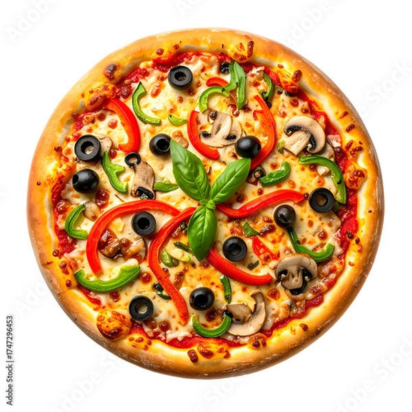 Fototapeta Overhead view of a delicious pizza featuring red/green peppers, olives, mushrooms, and basil