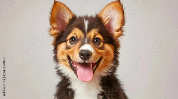 Fototapeta A joyful and energetic puppy sits in a professional studio setting, its tongue playfully sticking out as it looks directly at the camera