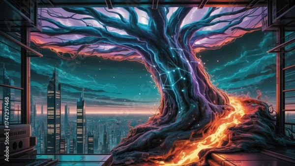 Obraz Futuristic tree with glowing roots in modern cityscape at night  
