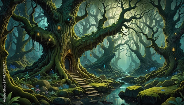 Obraz Enchanted forest with winding path and illuminated trees at dawn  