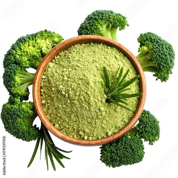 Obraz A wooden bowl filled with green powder surrounded by fresh broccoli florets. Rosemary sprig garnish