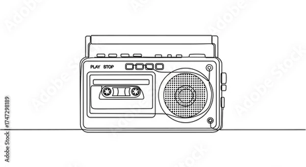 Fototapeta A detailed line drawing of a retro cassette tape player, showcasing its various components.