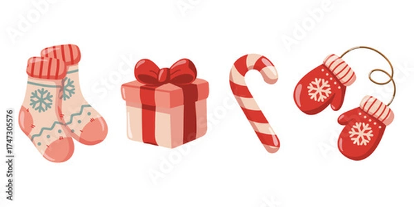 Fototapeta Winter set with socks, present, candy cane and mittens in red color. Hand drawn cartoon vector illustration on white background. 