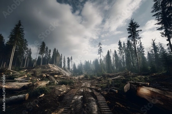 Obraz Deforestation area with tree trunks and stumps. Environmental destruction. Ecological problem. Global warming. Climate change. Biodiversity loss. Human impact on nature. Forest exploitation