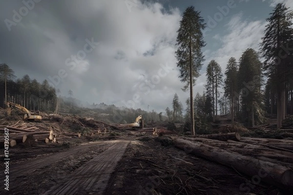 Obraz Deforestation area with tree trunks and stumps. Environmental destruction. Ecological problem. Global warming. Climate change. Biodiversity loss. Human impact on nature. Forest exploitation