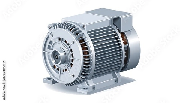 Fototapeta A detailed, three-quarter view of a modern electric motor, showcasing its complex components and metallic design against a plain white background.