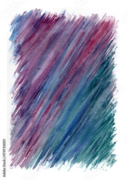 Fototapeta An abstract watercolor painting executed with diagonal brushstrokes. The color scheme features smooth transitions from rich burgundy and purple tones to deep blue-green hues.