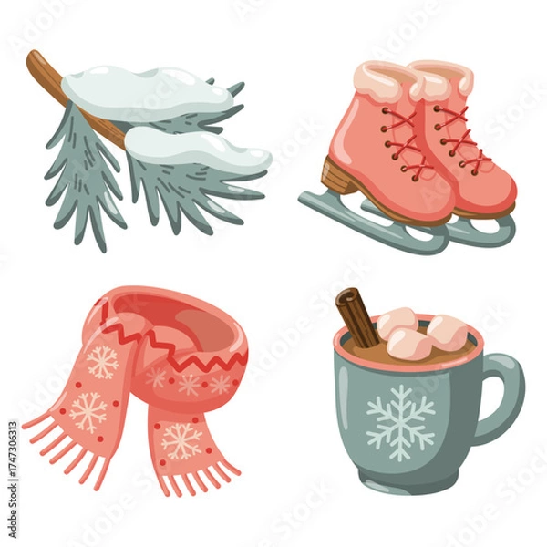 Fototapeta Hand drawn cozy winter set with scarf, skates, cocoa mug and snowy branch. Cartoon vector illustration on white background.