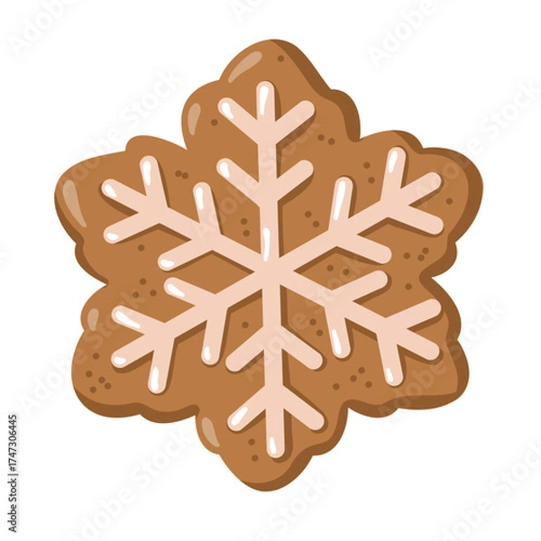 Fototapeta Sweet snowflake-shaped gingerbread cookie with white icing. Winter Hand drawn vector isolated illustration.