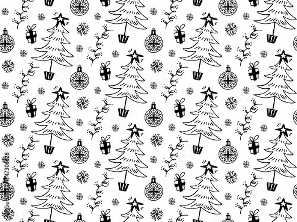 Fototapeta Seamless hand drawn Christmas pattern with trees, gifts, and ornaments. Outline vector background. 