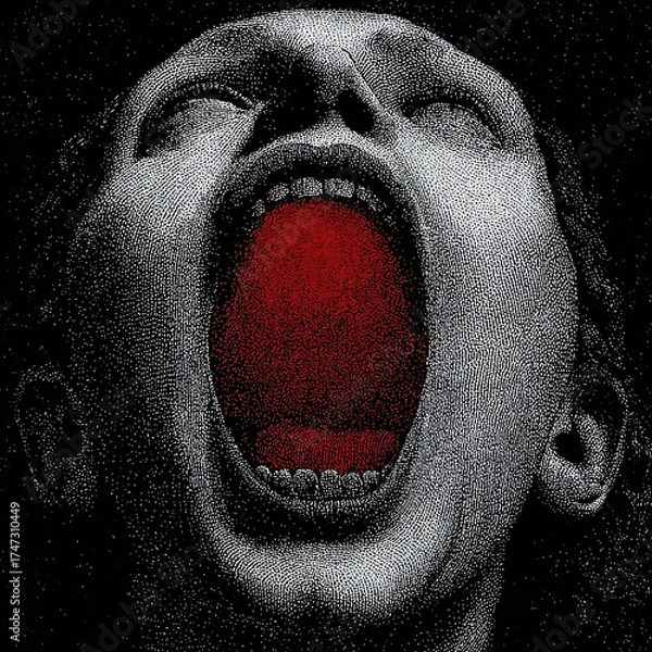 Fototapeta Horror Screaming Face Engraving Art with Red Mouth