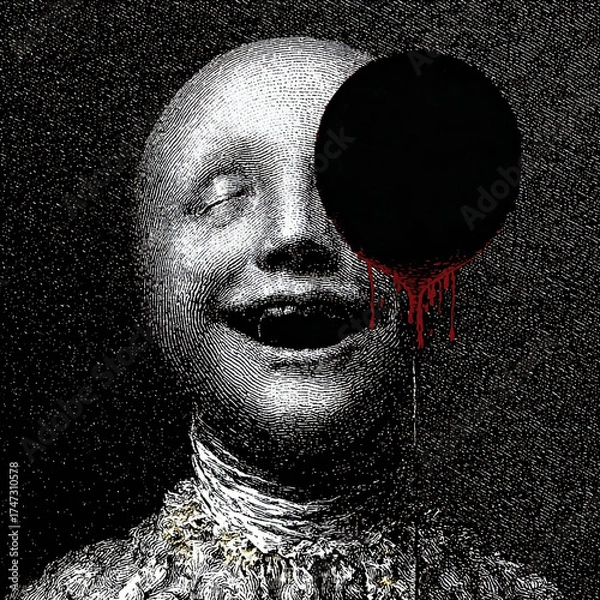 Obraz Horror Engraving Face with Black Circle and Blood Drip