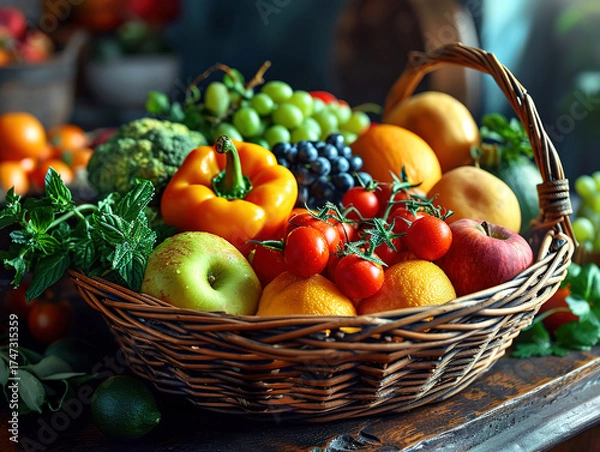 Fototapeta Vibrant Variation of fresh and healthy fruits arranged at stall for sale in local retail marketplace