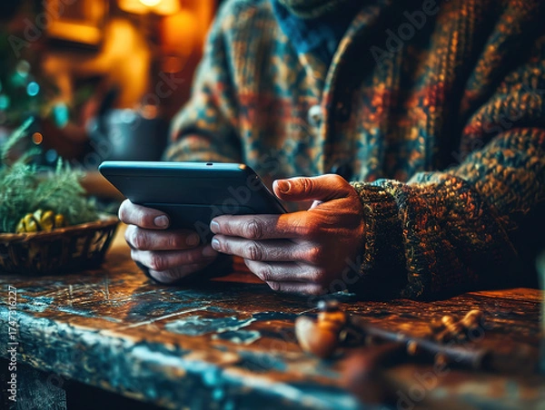 Fototapeta Cozy Indoor Scene with Tablet and Rustic Decor