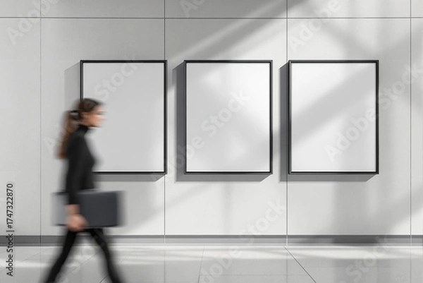 Fototapeta Woman in motion walking past three empty portrait posters in a modern hallway, minimalistic style, white wall background, concept of advertising space, Ai generative