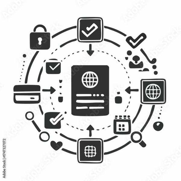 Fototapeta Solid style icons of account verification: ID with check, profile confirmed, identity badge, KYC complete, passport approved, verified user icon, selfie check, document confirmation.