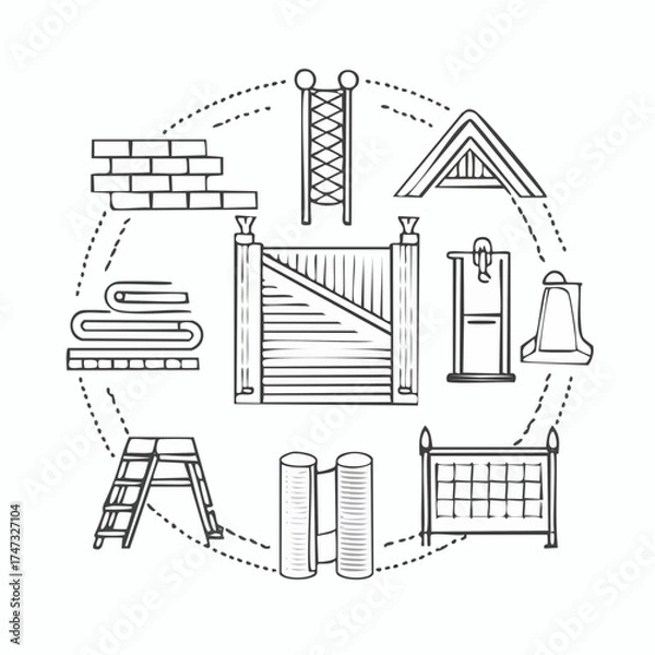 Obraz Line vector icons of construction and repair: roof tiles, roofing nailer, insulation roll, metal sheet, sealing tape, angle profile, roof ladder, ridge tile.