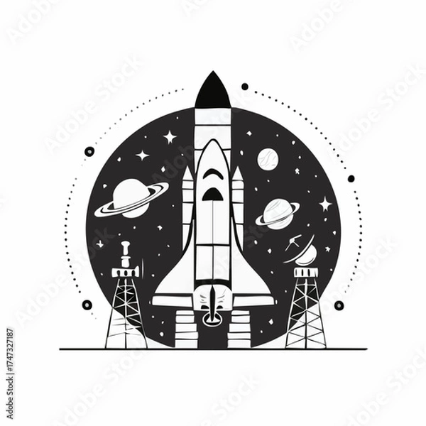 Obraz Vector illustration of space exploration with satellite, rocket, planets, and telescope. Bold flat style, suitable for science content