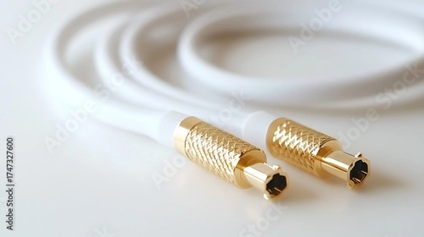 Obraz White coaxial cable with gold connectors for tv antenna internet connection close up macro shot hdmi cable