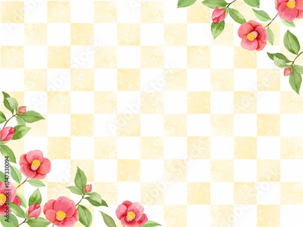 Fototapeta 市松模様の背景に椿の花のフレーム　水彩イラスト