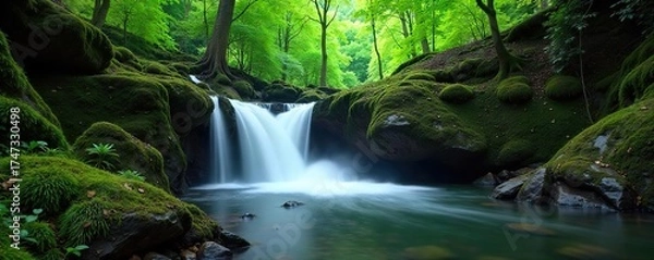 Fototapeta Serene Timelapse of Mossy Waterfalls Cascading Through a Lush Green Forest, Creating a Magical Atmosphere Perfect for Travel and Relaxation