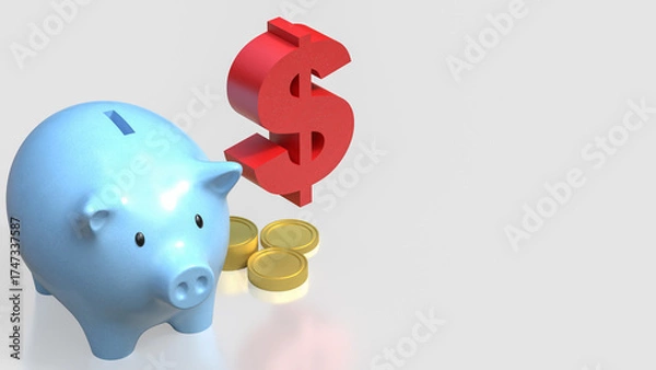 Fototapeta The Blue Piggy Bank and dollar for Business or earn concept 3d rendering.