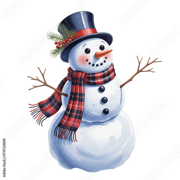 Obraz Cheerful Snowman with Top Hat, Plaid Scarf, and Stick Arms: Classic Winter Holiday Character on White Background with Festive Details