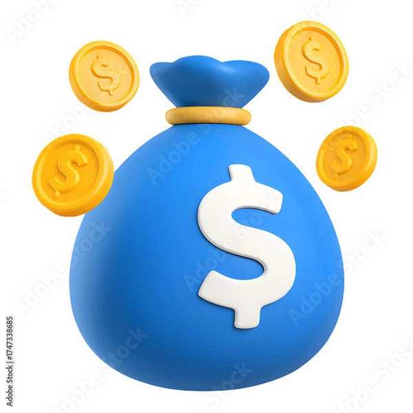 Obraz Blue money bag with dollar sign and gold coins isolated on transparent background