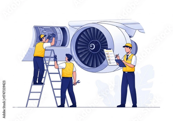Fototapeta Aircraft engine maintenance team checking airplane turbine vector illustration
