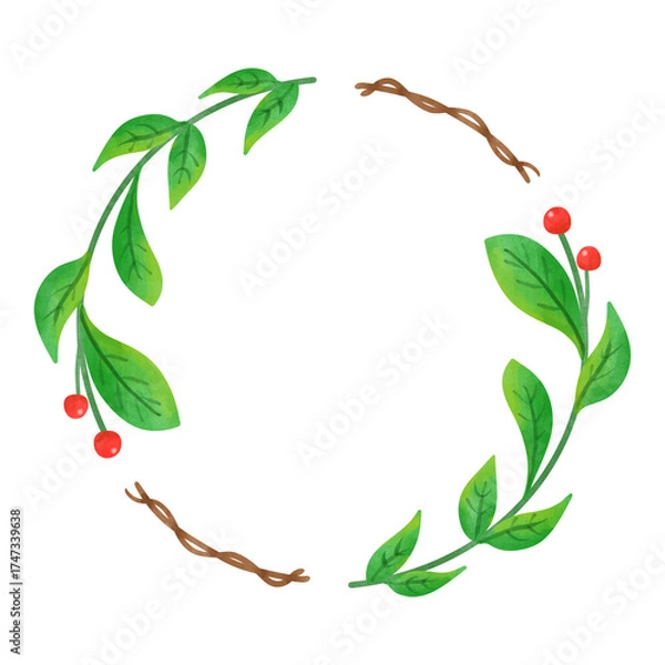 Obraz 水彩で描いた緑の葉と赤い実のボタニカルフレーム