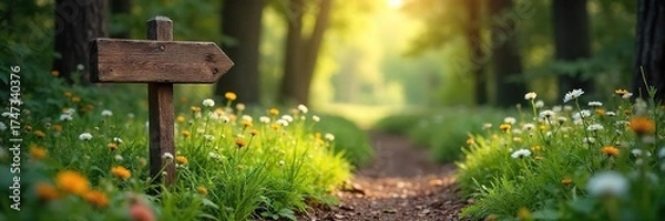 Fototapeta Sun-Dappled Woodland Path Rustic Signpost Guides the Way Through Lush Wildflowers