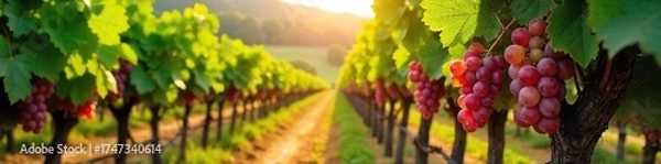 Fototapeta Sun-dappled Grapes Hanging Heavy on the Vine A Picturesque Vineyard Ready for Harvest