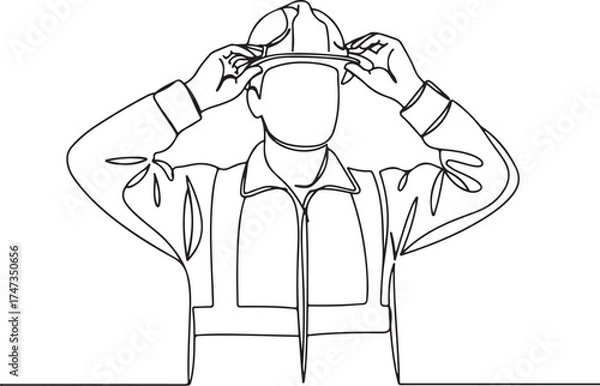 Fototapeta  Continuous Line Drawing of a Worker Adjusting a Hard Hat or Safety Helmet, Minimalist Line Art Depicting Personal Protective Equipment and Workplace Safety.
