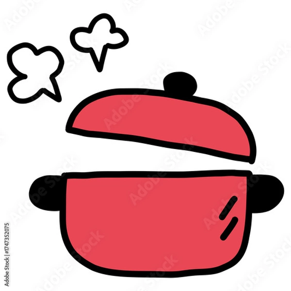 Obraz 手描き線画のシンプルで可愛い赤い両手鍋のイラスト