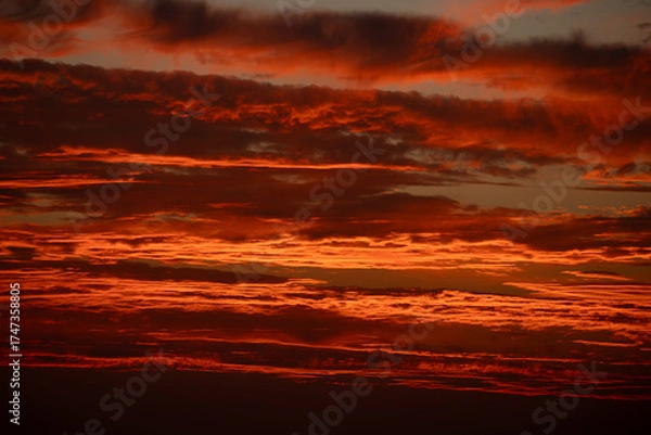 Fototapeta dramatic red sunset sky with luminous clouds