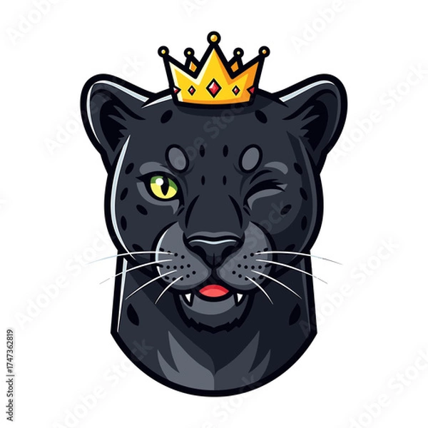Fototapeta Winking Black Panther with Golden Crown and Emerald Eye Illustration