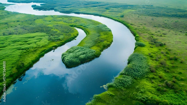 Obraz CurvingRiverInGreenWetlands