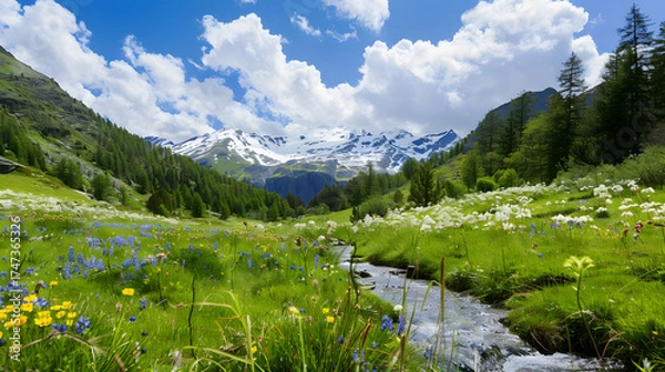 Fototapeta Alpine Meadow with Wildflowers and Stream