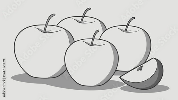 Fototapeta Four Apples and a Slice Simple Grey Scale Fruit Illustration Healthy Eating Graphic Design Element.