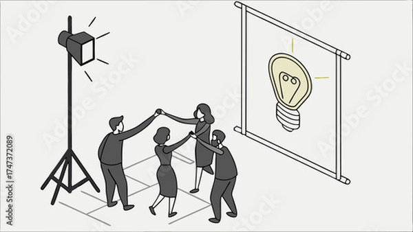 Fototapeta Illustration of a Team Celebrating a New Idea Studio Setting with Lighting Equipment.