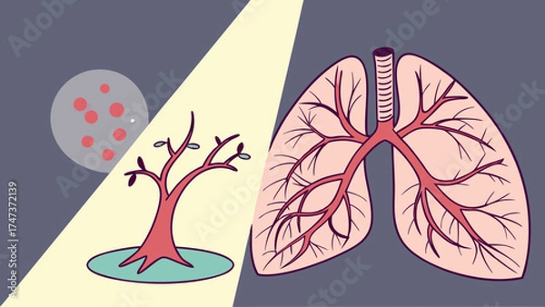 Fototapeta Illustrative comparison of lungs and a small tree with air pollution particles shown in the background.