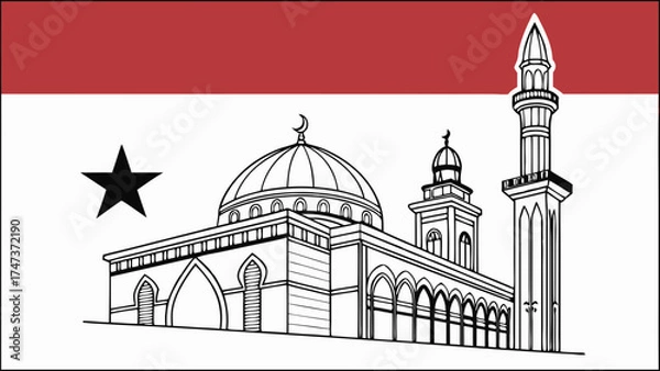 Fototapeta Islamic Mosque Illustration Religious Architecture Black and White Line Drawing Crescent Moon Symbol Star Symbol Dome Minaret Spiritual Design Vector Graphic Simple Design Clean Design.