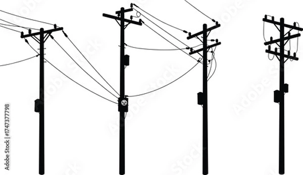 Fototapeta Utility pole silhouettes, electrical hazard sign, power line infrastructure, transformers and insulators, urban electricity grid, industrial energy design, overhead wires, infrastructure illustration