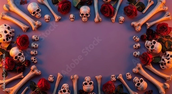 Obraz A macabre oval frame made of skulls, bones, and red roses on a purple background with copy space.