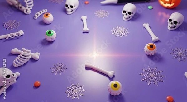 Obraz A festive Halloween flat lay with skulls, bones, and eyeballs on a purple background.